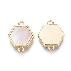 Seashell Color Brass Links, with Freshwater Shell, Nickel Free, Hexagon, Real 18k Gold Plated, Seashell Color, 16x12.5x3mm, Hole: 1.2mm