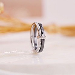 Нержавеющая Сталь Цвет Прямоугольные перстни из нержавеющей стали со стразами и керамикой, чёрные, цвет нержавеющей стали, размер США 6 (16.5 мм)