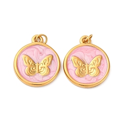 Pink 304 нержавеющей стальной эмали подвески, квадрат с подвеской-бабочкой, с целью перехода в кольце, ионное покрытие (ip), реальный 18 k позолоченный, розовые, 18.5x15.5x2 мм, отверстие : 2.5 мм