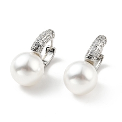 Платинированный Пластиковые жемчужные серьги-кольца с прозрачными фианитами, латунные серьги на петлях для женщин, без свинца, без кадмии и без никеля, Реальная платина, 23 мм, штифты : 1 мм