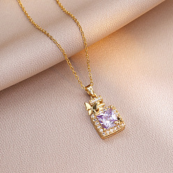 Лиловый 304 Подвеска в виде флакона духов из нержавеющей стали с инкрустацией кубическим цирконием, цепочка-колье для женщин, золотые, сирень, 15.75 дюйм (40 см)