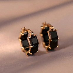 Черный Квадратная латунь кубического циркония серьги обруча, золотые, чёрные, 21x8 мм