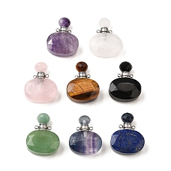 Смешанные камни Подвески для флаконов духов из натуральных смешанных камней, с 304 фурнитурой из нержавеющей стали, граненые, овальные амулеты, цвет нержавеющей стали, 32~33x25~26x10.5~11.5 мм, отверстие : 1.9 мм