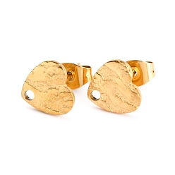 Golden Ion Plating(IP) 304 Stainless Steel Stud Earring Findings, with Ear Nuts/Earring Backs and Hole, Heart Shape with Textured, Golden, 8.4x9x1mm, Pin: 0.8mm