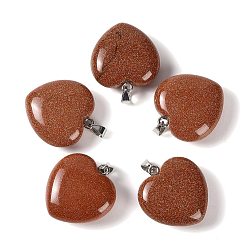 Goldstone Synthetic Goldstone Pendants, Heart Charms, with 304 Stainless Steel Snap on Bails, Stainless Steel Color, 32~33x30x14~15mm, Hole: 7.5x4mm