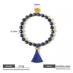 Lapis Lazuli Bracelets extensibles en perles de lapis-lazuli naturel rond à facettes de mm, 6.2 Bracelets en acier inoxydable avec pendentif arbre de vie et pompon pour femmes, or, 304 pouce (7.48 cm)