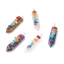 Mixed Stone Chakra Natural Mixed Stone Big Pendants, with Silver Tone Copper Wire Wrapped and Natural & Synthetic Gemstone Chips, Sword Charms, Mixed Dyed and Undyed, 61~63x14~15x12~14mm, Hole: 4.5mm