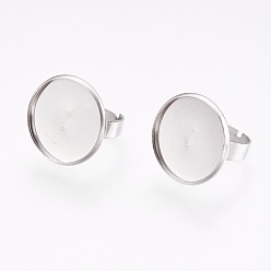 Нержавеющая Сталь Цвет Устойчивые к потускнению регулируемые 304 кольца для пальцев из нержавеющей стали, латунная фурнитура платформы для кольца, плоско-круглые, цвет нержавеющей стали, лоток : 20 мм, Размер 7, 17.5 мм