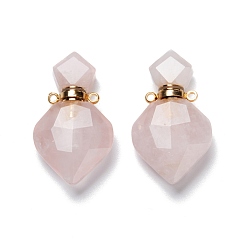 Розовый Кварц Кулоны для духов из натурального розового кварца, с фурнитурой позолоченной латунной, граненые, ромб, 27 мм, отверстие : 1.4 мм