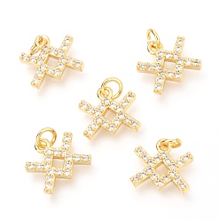 Водолей Латунные микропаве прозрачные кубические циркониевые подвески, с прыжковых колец, реальный 18 k позолоченный, двенадцать созвездий, Водолей, 9.6x10.7x2.2 мм, отверстие : 2.4 мм