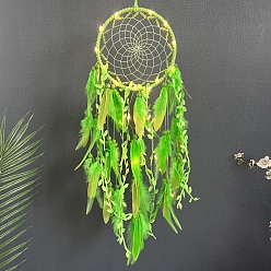 Green Woven Net/Web Iron & Feateher Hanging Ornaments, for Room Ornament, Garden Outdoor Decoration, Green, 700x160mm