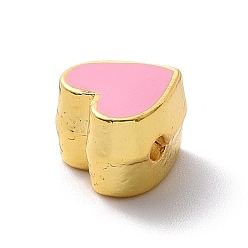 Pearl Pink Eco-friendly Rack Plating Brass Enamel Beads, Cadmium Free & Lead Free, Long-Lasting Plated, Real 18K Gold Plated, Heart, Pearl Pink, 7x7.5x5mm, Hole: 1.2mm