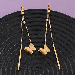 Настоящее золото 18K Серьги из 304 нержавеющей стали, бабочка с палочкой, ионное покрытие (ip), реальный 18 k позолоченный, 80x13.5 мм