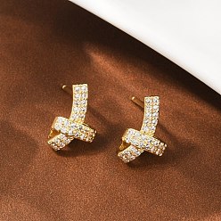 Настоящее золото 18K Серьги-гвоздики с латунным узлом и микропаве из прозрачных кубических цирконий, стойки покрытие, долговечный, без свинца и без кадмия, реальный 18 k позолоченный, 11.5x8.5 мм