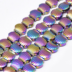 Rainbow Plated Electroplate Non-magnetic Synthetic Hematite Beads Strands, Scallop/Shell, Multi-color Plated, 8x9x4mm, Hole: 1mm, about 49pcs/strand, 15.7 inch
