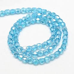 Light Sky Blue Electroplate Glass Beads Strands, Half Plated, Faceted, Cube, Light Sky Blue, 4x4x4mm, Hole: 1mm, about 100pcs/strand, 15.7 inch