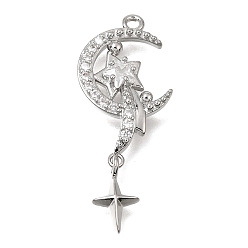 Platino Latón micro pavimenta claro colgantes de circonio cúbico, Luna con encantos de estrellas, Platino, 30x12x4 mm, agujero: 1.5 mm