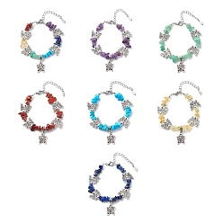 Mixed Stone 7Pcs 7 Style Alloy Butterfly Charm Bracelets Set, Natural Mixed Gemstone Chips Beaded Stackable Bracelets for Women, 6-7/8 inch(17.6cm), 1Pc/style