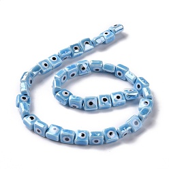 Sky Blue Handmade Porcelain Ceramic Beads Strands, Famille Rose Style, Square with Evil Eye, Sky Blue, 7.5~8x7.5~8x5~5.5mm, Hole: 2mm, about 40pcs/strand, 12.36~12.44 inch(31.4~31.6cm)
