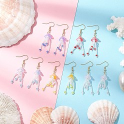 (52) Непрозрачная лаванда 304 из нержавеющей стали болтаться серьги, с подвесками из плетеного стекла в виде медузы и стеклянными бусинами, золотые, разноцветные, 53.5x11 мм