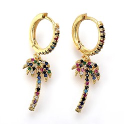 Golden Brass Dangle Hoop Earrings, with Micro Pave Cubic Zirconia, Coconut Tree, Colorful, Golden, 32.5mm, Pin: 0.8mm