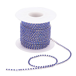 Sapphire Brass Rhinestone Strass Chains, with Spool, Rhinestone Cup Chain, about 2880pcs Rhinestone/bundle, Grade A, Silver Color Plated, Sapphire, 2mm, about 10yards/roll