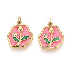 Ярко-Розовый 304 подвески из нержавеющей стали с хрустальными стразами и эмалью, самородки и цветы, с целью перехода в кольце, ионное покрытие (ip), реальный 18 k позолоченный, ярко-розовый, 15.5x13.5x2 мм, отверстие : 2.8 мм