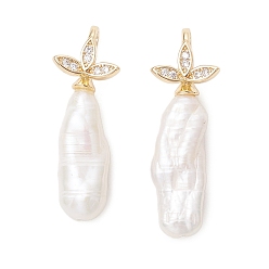 Золотой Подвески из натурального зернистого жемчуга кеши в стиле барокко, Подвески-палочки с латунным микропаве из кубического циркония в форме листа, белые, золотые, 30~32x10~11x5~6 мм, отверстие : 5.5x3 мм