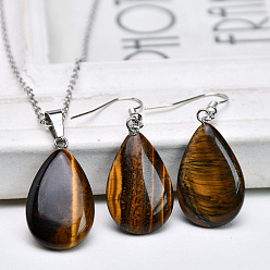 Тигровый глаз Ожерелья и серьги-подвески из натурального тигрового глаза в форме слезы, сплав ювелирных изделий, платина, 410 мм