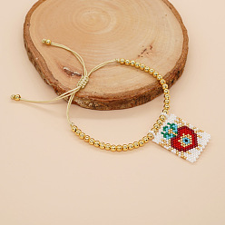 Красный Браслеты ручной работы из стеклянного бисера с подвесками, Плетеные латунные круглые бусины для женщин, с полиэфирным кордом, Прямоугольник с сердцем, красные