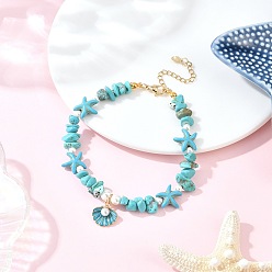 Бирюза Браслеты на ногу с подвеской в форме ракушки из цинкового сплава, круглой раковины, жемчуга, окрашенной искусственной бирюзы, морской звезды и магнезитовой крошки, золотые, бирюзовые, 9-3/8 дюйм (237 мм)