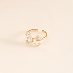 Прозрачный Бабочка латунные стеклянные манжеты кольца, золотые, прозрачные, внутренний диаметр: регулируемый