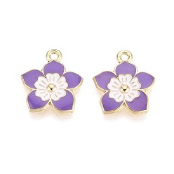Средний Фиолетовый Подвески из сплава и эмали, цветок, золотой свет, средне фиолетовый, 18x16x2 мм, отверстие : 1.8 мм