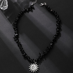 Платина Подвеска из сплава солнца с натуральным черным камнем, ожерелья Baeded для мужчин, платина, 16.14~18.90 дюйм (41~48 см)