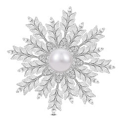 Platinum SHEGRACE Brass Safety Brooch, with Grade AAA Cubic Zirconia and Shell Pearl, Snowflake, Platinum, 52.5mm