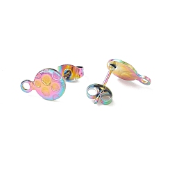 Rainbow Color Ионное покрытие (ip) 304 детали серьги-гвоздики из нержавеющей стали, с петлей, ушные гайки, текстурированный плоский круглый, Радуга цветов, 11.5x8x0.8 мм, отверстие : 1.8 мм, штифты : 0.8 мм