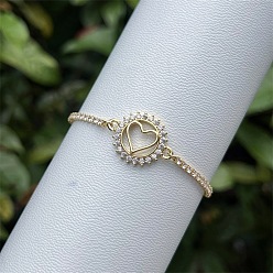 Cœur Bracelet de tennis coulissant ajustable en laiton pavé de zirconiums cubiques transparents pour femmes, réel 18 k plaqué or, cœur, 5.91 pouces (15 cm) ~9.84 pouces (25 cm)