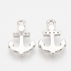 Real Platinum Plated Brass Micro Pave Cubic Zirconia Charms, Anchor, Nickel Free, Real Platinum Plated, 14x9.5x1.5mm, Hole: 1mm