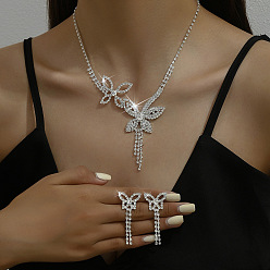 Серебро Ожерелья и серьги-гвоздики из сплава с бабочками и кристаллами горного хрусталя, серебряные, 360 мм и 55x20 мм