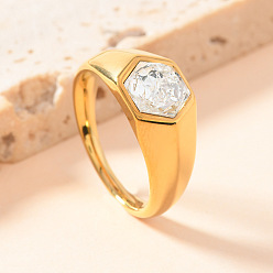 Прозрачный 304 кольца из нержавеющей стали с кубическим цирконием, шестиугольник, золотые, прозрачные, размер США 7 (17.3 мм)