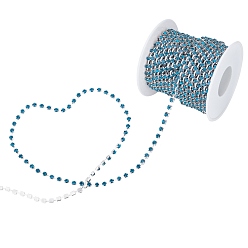 Blue Zircon Brass Rhinestone Strass Chains, with Spool, Rhinestone Cup Chain, Grade A, Silver, Blue Zircon, 3.1mm, about 10 yards/roll, 1 roll