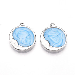Светло-Голубой 304 подвески из нержавеющей стали, с эмалью, плоская круглая с лунными подвесками, цвет нержавеющей стали, Небесно-голубой, 21x18x2~3 мм, отверстие : 1.4~1.5 мм