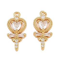 Clear Brass Micro Pave Cubic Zirconia Pendants, Heart with Bowknot Charms, Real 18K Gold Plated, Clear, 17x8x4mm, Hole: 1.3mm