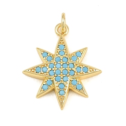 Estrella Colgantes de circonita cúbica azul cielo con micro pavé de latón, real 18 k chapado en oro, encantos estrella, 20x18x4 mm, agujero: 3.2 mm