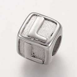 Letter L Устойчивые к потускнению 304 европейские бусины из нержавеющей стали, горизонтальное отверстие, бусины с большим отверстием, куб с letter.l, 8x8x8 мм, отверстие : 4 мм