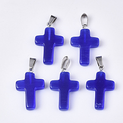 Blue Cat Eye Pendants, with Stainless Steel Peg Bails, Cross, Stainless Steel Color, Blue, 28~30x18x6mm, Hole: 7x3.5mm