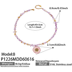 Pink Resin Dried Flower Pendant Natural Amethyst Chip Beaded Necklaces for Women, with 316L Surgical Stainless Steel End Chains, Golden, Pink, 15.75 inch(40cm), pendant: 21mm