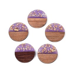 Средний Фиолетовый Подвески из непрозрачной смолы и орехового дерева, плоские круглые прелести, с блестящей пудрой и золотой фольгой, средне фиолетовый, 28x3~4 мм, отверстие : 2 мм