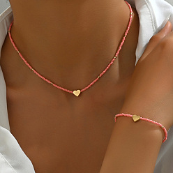 Pink Наборы ожерелий и браслетов из стеклянных и пластиковых бусин., сердце, розовые, колье: 15.94 дюйм (40.5 см)