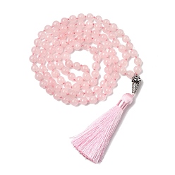 Розовый Кварц Ожерелья из натурального розового кварца с молитвенными бусами в форме малы, длинной кисточкой и металлическим деревом жизни, для йоги-медитации, платина, 40.16 дюйм (102 см)